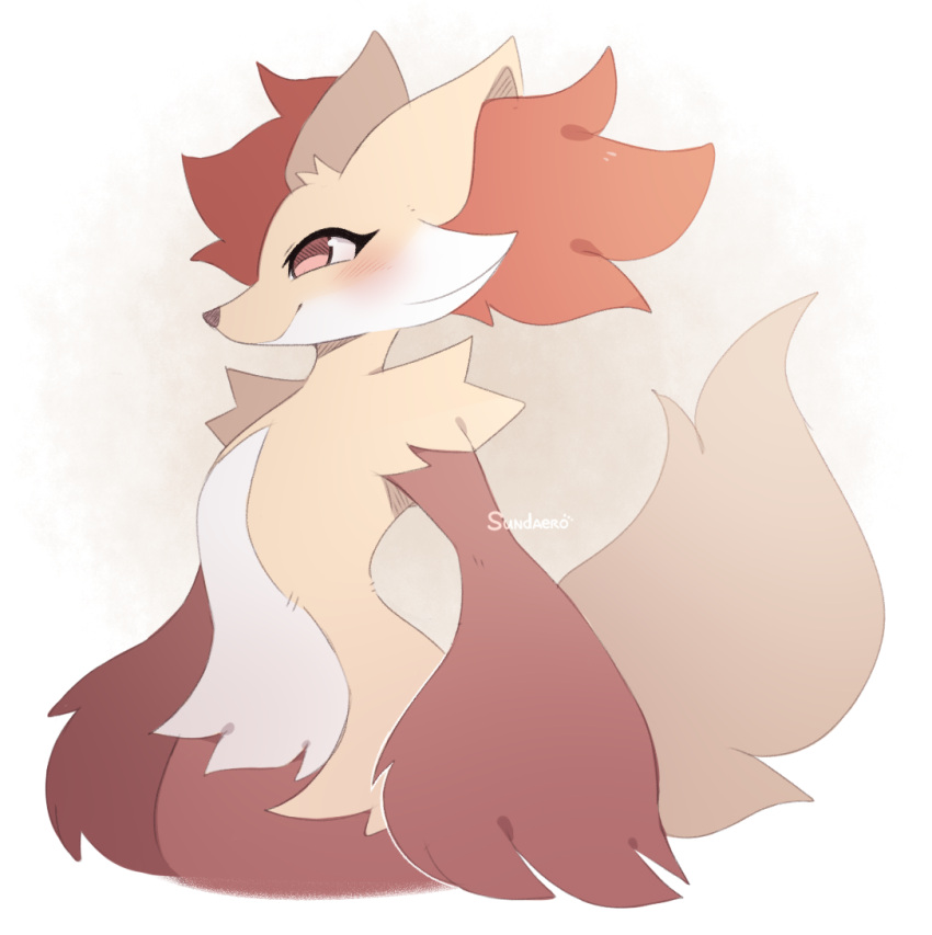 animal_ears, artist_name, blush, closed_mouth, delphox, fox, mero_(sundaero), orange_eyes