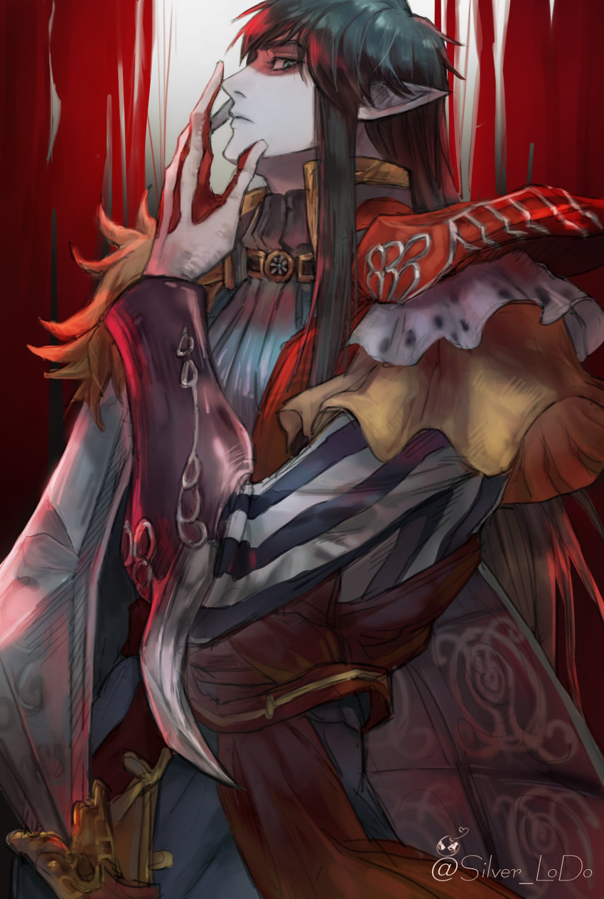 1boy, absurdres, amon_(ff14), blood, cape, colored_skin, cowboy_shot, elezen