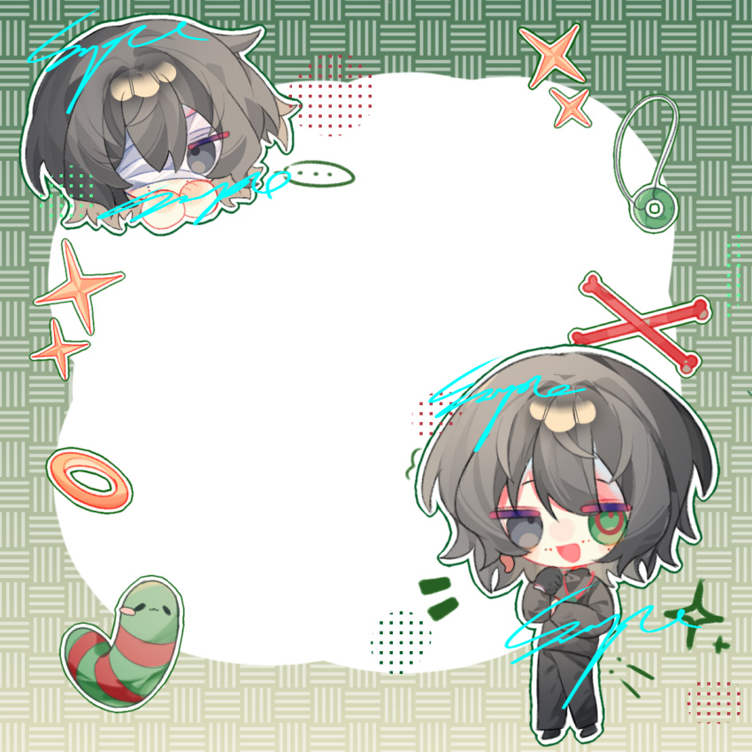 ..., 2boys, bandage_over_one_eye, black_eyes, black_footwear, black_hair, black_pants, black_shirt