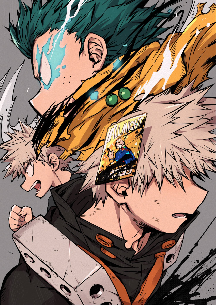 3boys, aged_down, all_might, alternate_eye_color, bakugou_katsuki, black_blood, black_shirt, blonde_hair