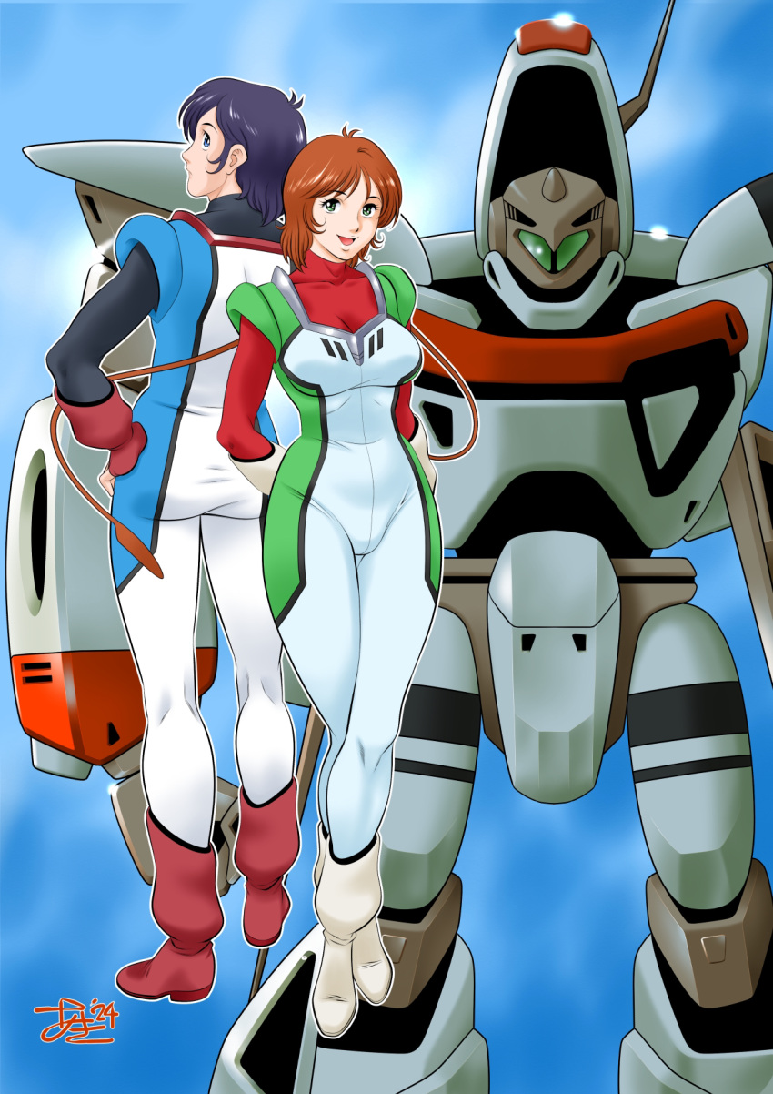 1boy, 1girl, 2024, aki_(pixiv_87336387), back-to-back, blue_eyes, blue_hair, blue_sky