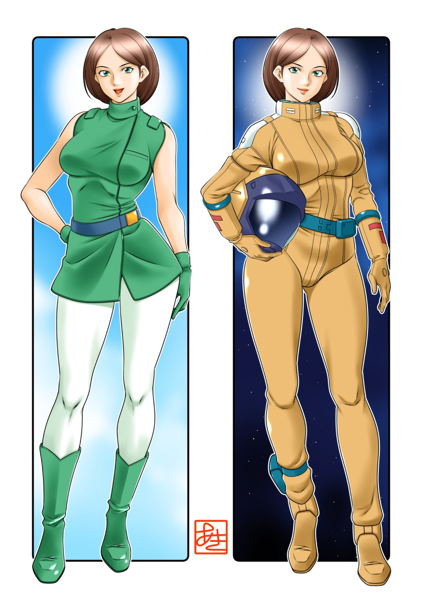 2girls, aeug, aki_(pixiv_87336387), ankle_holster, belt, boots, breasts, brown_hair, commentary_request, dual_persona, emma_sheen, gloves, green_eyes, gundam, helmet, highres, holding, holding_helmet, military_uniform, multiple_girls, pilot_suit, science_fiction, signature, space_helmet, zeta_gundam