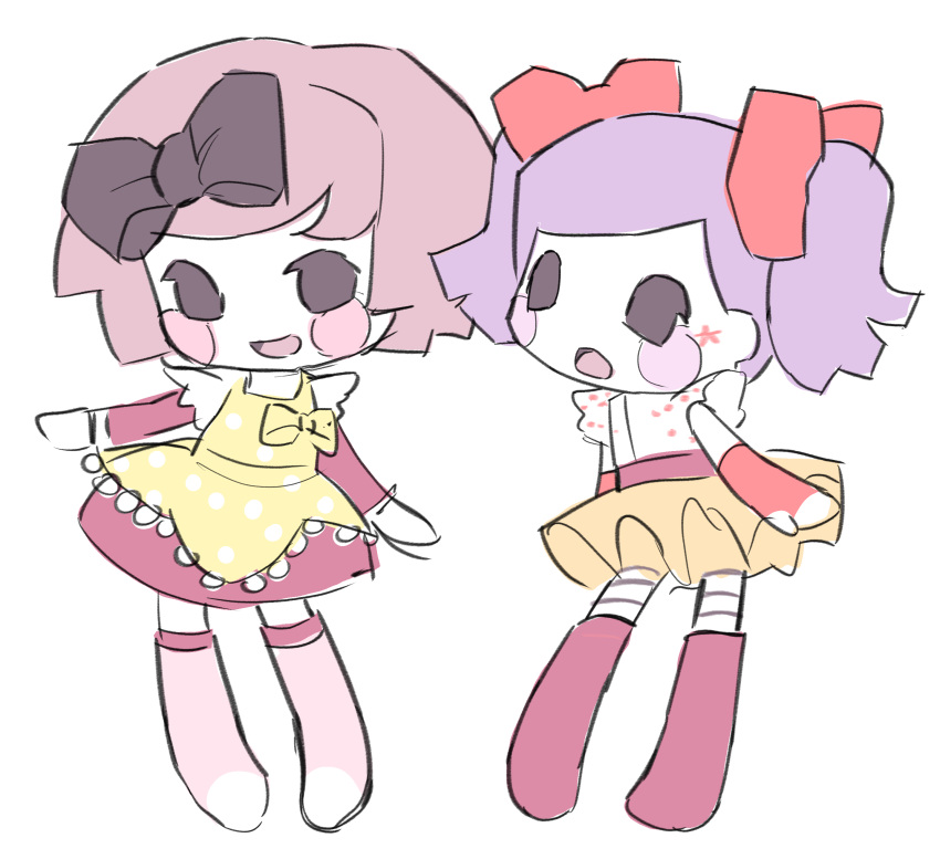 2girls, absurdres, apron, black_bow, black_hair, blush_stickers, boots, bow, colinarmis, colored_skin, commentary, crumb_sugar_cookie, deformed, dress, english_commentary, facial_mark, fingerless_gloves, gloves, hair_bow, highres, lalaloopsy, long_sleeves, multiple_girls, no_nose, open_mouth, pantyhose, peanut_big_top, pink_dress, pink_footwear, pink_hair, polka_dot, polka_dot_apron, purple_hair, red_bow, shirt, short_hair, short_sleeves, simple_background, skirt, smile, star_(symbol), star_facial_mark, striped_clothes, striped_pantyhose, thigh_boots, white_background, white_pantyhose, white_shirt, white_skin, yellow_apron, yellow_bow, yellow_skirt