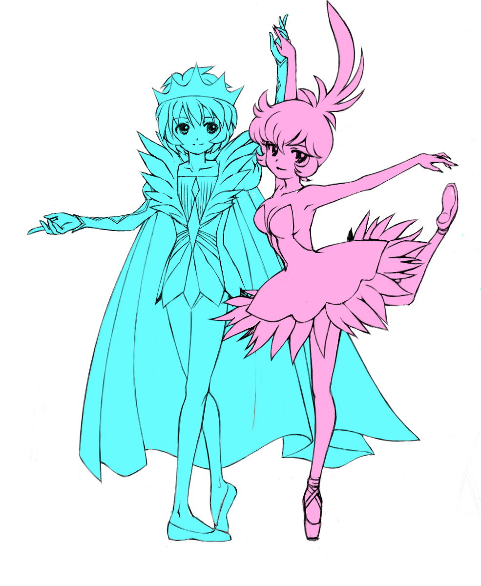 1boy, 1girl, ahiru_(princess_tutu), ahoge, arabesque_(pose), ballerina, ballet, ballet_slippers, cape, crown, en_pointe, fingernails, flat_color, footwear_ribbon, highres, itou_ikuko, looking_at_another, mytho_(princess_tutu), official_art, prince, princess_kraehe, princess_tutu, princess_tutu_(character), rue_(princess_tutu), sharp_fingernails, siegfried_(princess_tutu), tutu, white_background