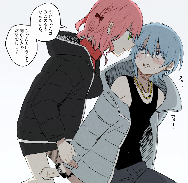 2girls, black_jacket, black_tank_top, blue_hair, blush, braid, clenched_teeth, commentary