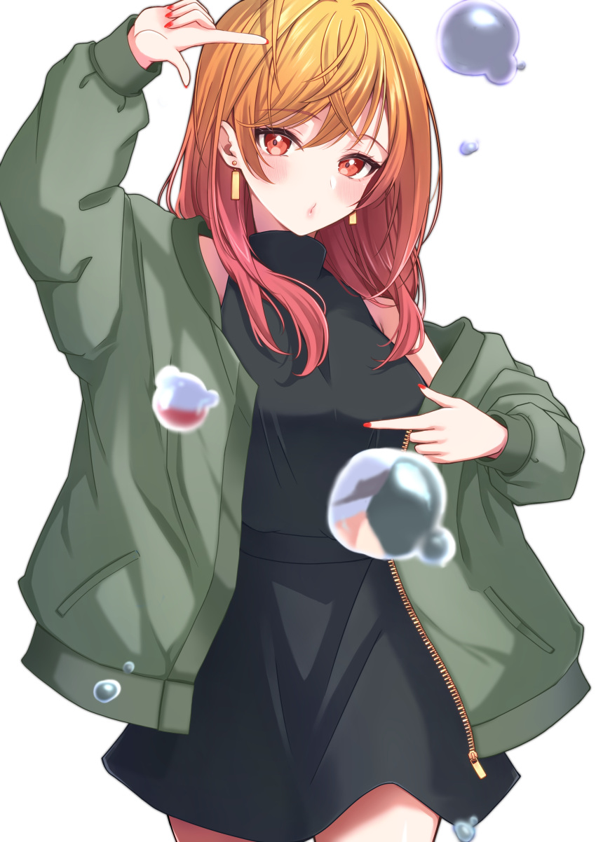 1girl, absurdres, ahoge, alternate_costume, black_dress, deshihayashi18, dress, gradient_hair, green_jacket, highres, hololive, hololive_dev_is, ichijou_ririka, jacket, long_hair, looking_at_viewer, multicolored_hair, nail_polish, orange_eyes, orange_hair, orange_nails, pink_hair, virtual_youtuber, white_background