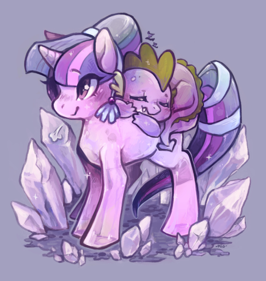 animal, animal_focus, closed_eyes, commentary, crystal, crystal_pony, curled_up, dragon