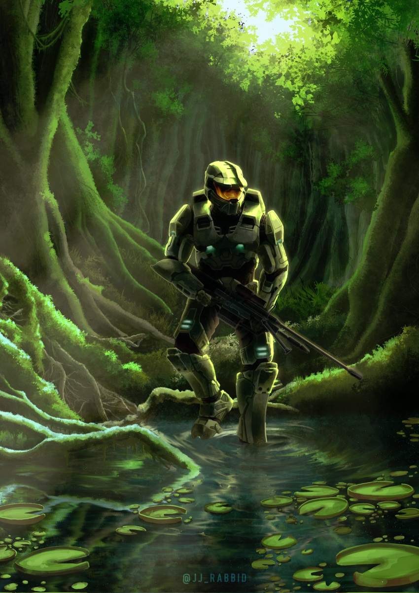 1boy, assault_visor, english_commentary, green_helmet, gun, halo_(series), halo_3, helmet