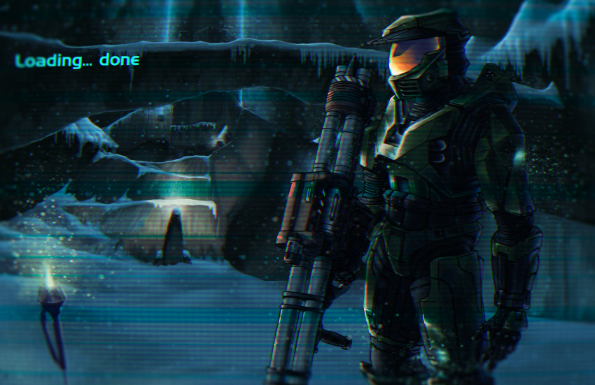 1boy, armor, assault_visor, black_gloves, english_commentary, gloves, gun, halo:_combat_evolved, halo_(series), highres, holding, holding_gun, holding_weapon, in-universe_location, jj_rabbid, loading_screen, looking_to_the_side, m41_spnkr, male_focus, master_chief, night, open_hand, power_armor, rocket_launcher, solo, spartan_(halo), weapon