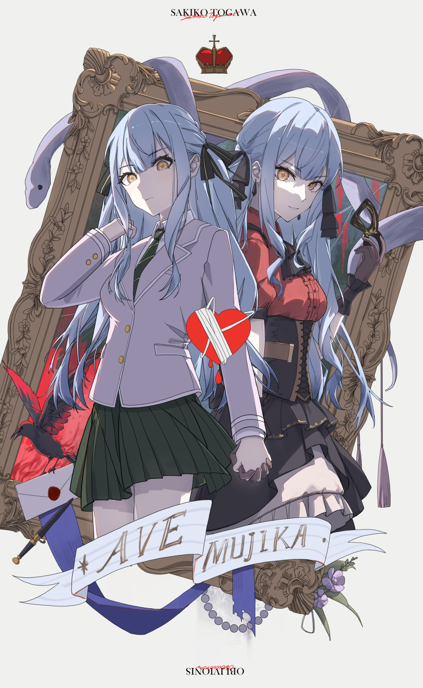 2girls, absurdres, ave_mujica_(bang_dream!), bang_dream!, bang_dream!_it's_mygo!!!!!, black_ribbon, blue_hair, crown