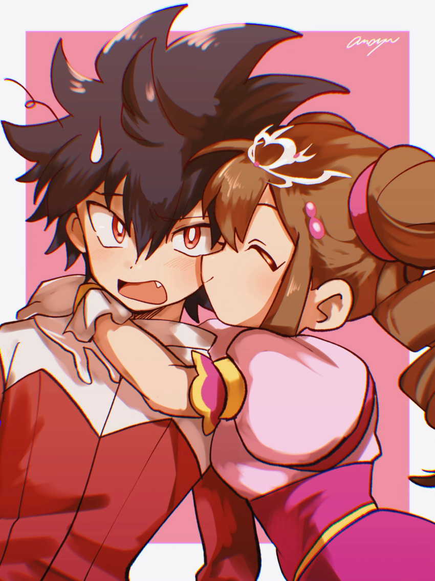 1boy, 1girl, absurdres, amayu_(amaamailust), closed_eyes, double_bun, dress, drill_hair