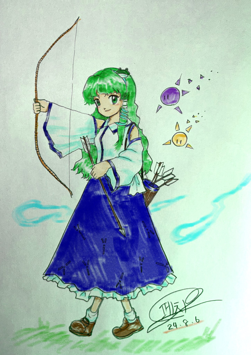 1girl, arrow_(projectile), bare_shoulders, blue_skirt, bow_(weapon), brown_footwear, collared_shirt, detached_sleeves