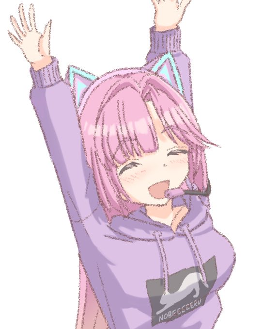 1girl, :d, ^_^, animal_ear_headphones, animal_ears, anyoji_hime, arms_up, blonde_hair, blunt_bangs, blush, breasts, cat_ear_headphones, closed_eyes, commentary_request, fake_animal_ears, gradient_hair, hair_intakes, hapimoniwa, headphones, headset, hood, hoodie, link!_like!_love_live!, long_hair, love_live!, medium_breasts, multicolored_hair, open_mouth, pink_hair, purple_hoodie, sidelocks, simple_background, smile, solo, swept_bangs, upper_body, virtual_youtuber, white_background