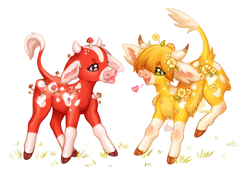 animal, animal_focus, blonde_hair, calf_(animal), commentary, cow, english_commentary, flower, heart, highres, horns, madisockz, minecraft, minecraft_earth, moobloom, mooshroom, mushroom, no_humans, open_mouth, short_hair, simple_background, standing, tail, tongue, tongue_out, white_background, yellow_flower