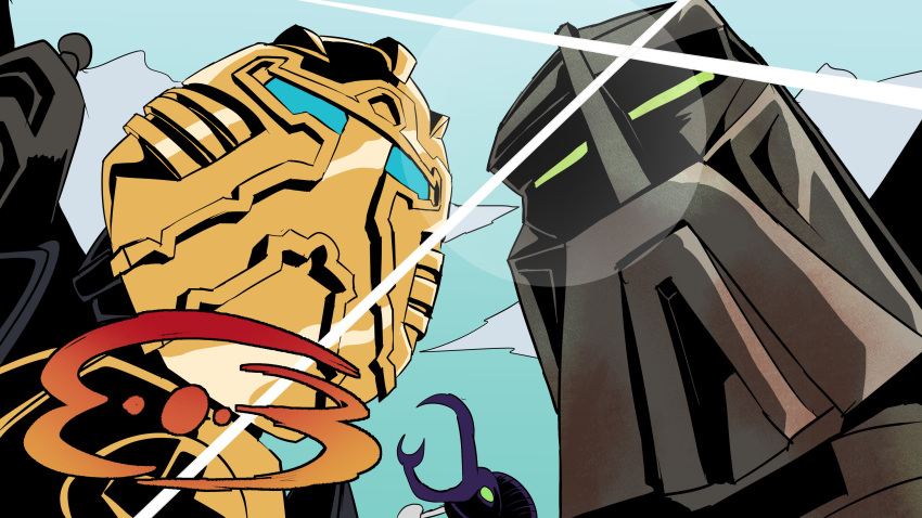 absurdres, beetle, bionicle, blue_eyes, bug, clouds, commission, deputy_rust
