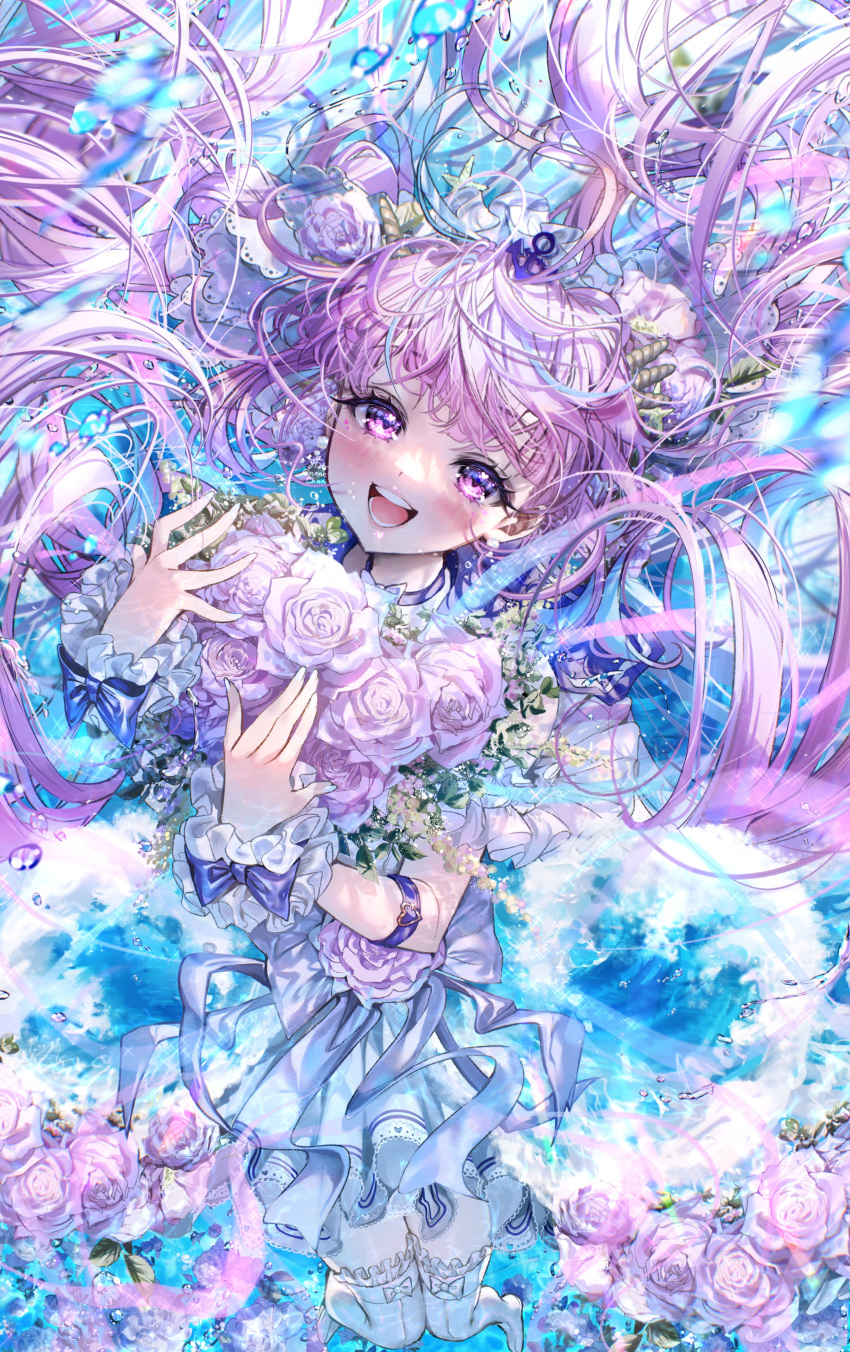 1girl, absurdres, anchor_hair_ornament, arm_ribbon, blue_background, blue_bow, blue_hair, blue_ribbon