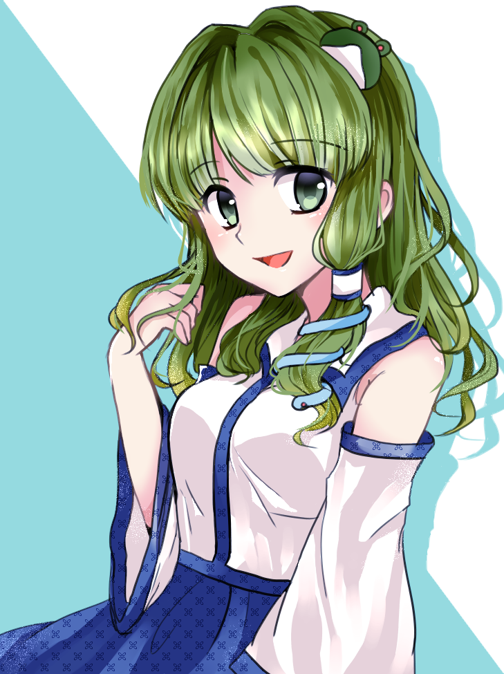 1girl, bare_shoulders, blue_skirt, collared_shirt, detached_sleeves, frog_hair_ornament, green_eyes, green_hair
