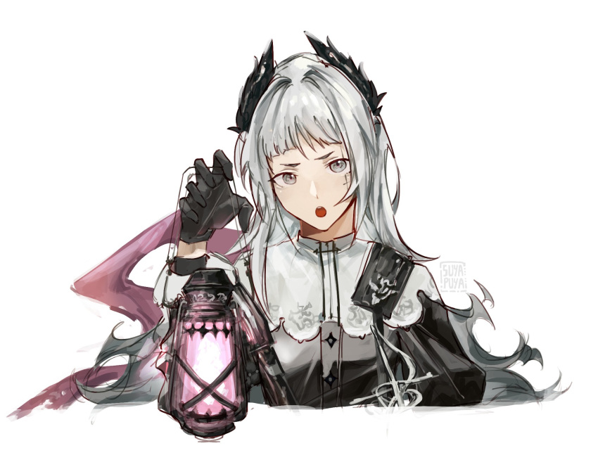 1girl, arknights, artist_name, black_dress, capelet, commentary, cross_scar, dress