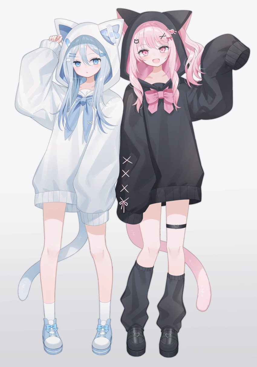 1girl, 1other, akiyama_mizuki, androgynous, animal_ears, animal_hood, arm_up, black_footwear, black_leg_warmers, blue_bow, blue_eyes, blue_footwear, blue_hair, blue_neckerchief, bow, cat_ears, cat_tail, commentary, footwear_bow, fuinagi_(huyuu_mm), grey_background, hair_between_eyes, hair_ornament, hairclip, highres, hood, hoodie, leg_warmers, light_blue_hair, long_hair, long_sleeves, looking_at_another, looking_at_viewer, multiple_girls, neckerchief, open_mouth, parted_lips, pink_bow, pink_eyes, pink_hair, project_sekai, shoes, simple_background, smile, socks, standing, tail, thigh_strap, white_socks, yoisaki_kanade