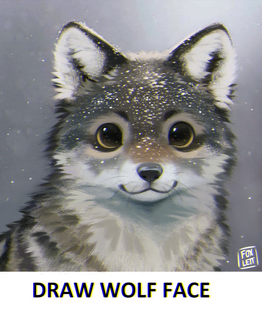 :3, animal, animal_focus, chromatic_aberration, commentary, derivative_work, draw_wolf_face_(meme), english_commentary, english_text, fluffy, foxlett, looking_at_viewer, meme, no_humans, original, signature, snow, snowing, solo, whiskers, wolf, yellow_eyes