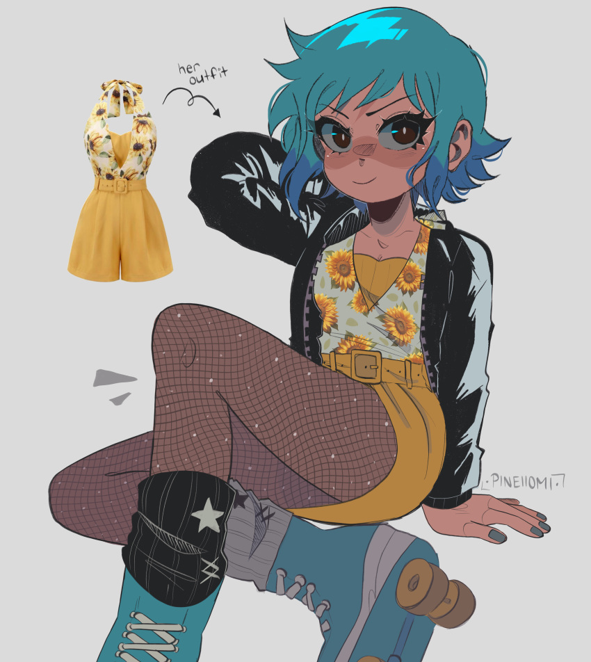 1girl, absurdres, alternate_costume, belt, blue_hair, blue_nails, brown_eyes, commentary, english_commentary, fishnet_pantyhose, fishnets, floral_print, flower, full_body, highres, jacket, kumothz, leather, leather_jacket, looking_at_viewer, open_clothes, open_jacket, pantyhose, ramona_flowers, reference_inset, roller_skates, scott_pilgrim_(series), short_hair, signature, simple_background, sitting, skates, skirt, solo, sunflower, yellow_skirt