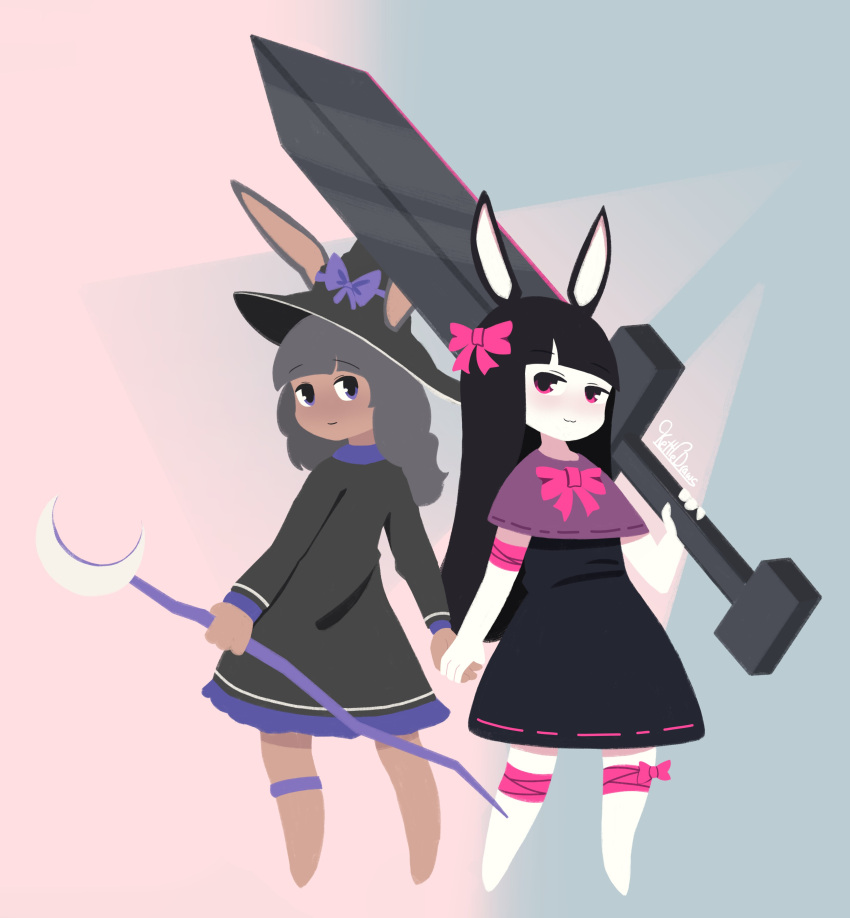 2girls, absurdres, animal_ears, bandaged_leg, bandages, barefoot, black_dress, black_hair