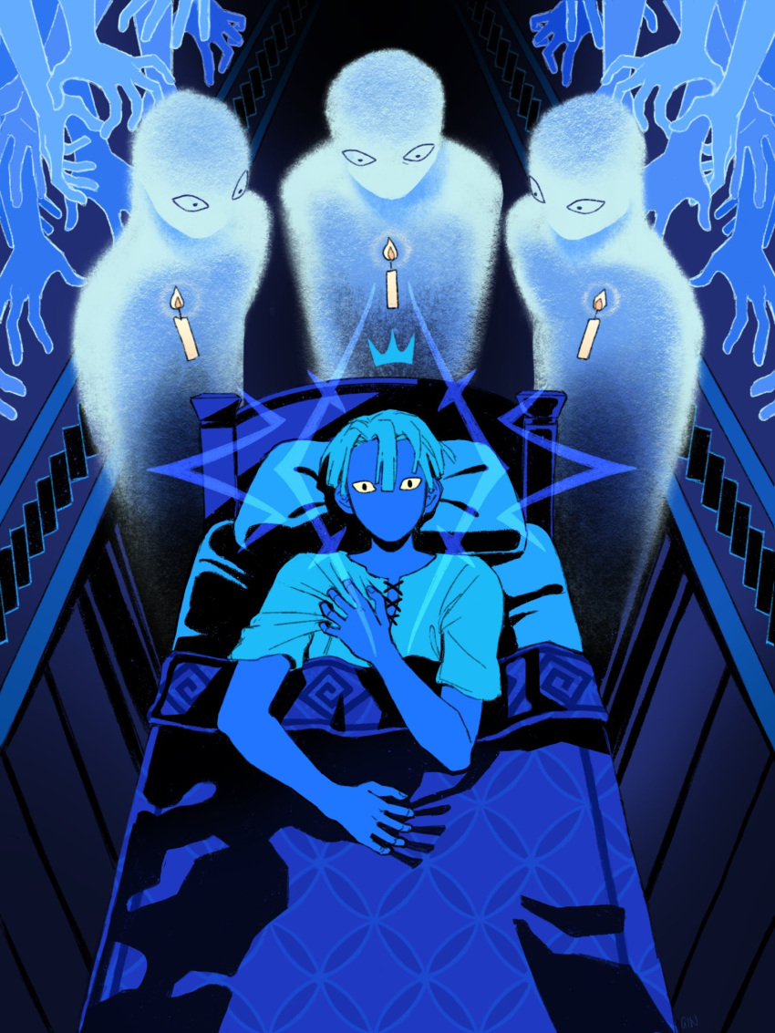 1boy, bed, bed_sheet, blue_skin, blue_theme, candle, colored_skin, commentary