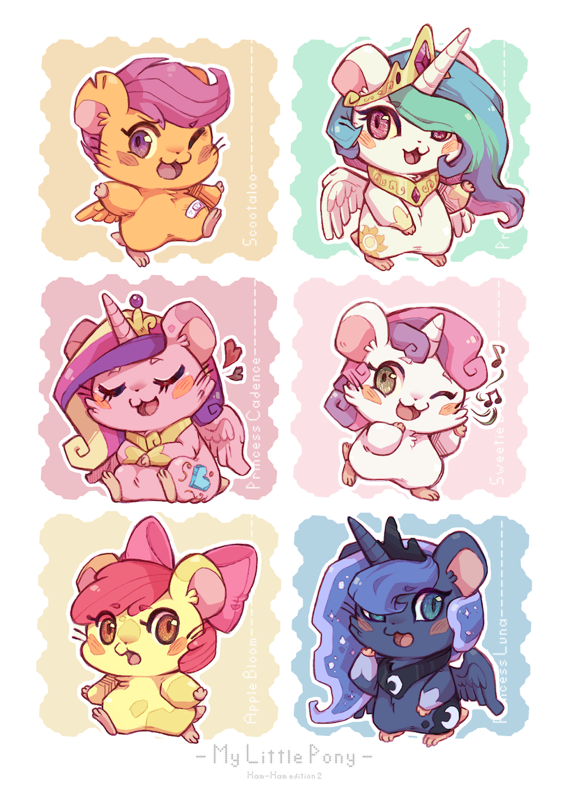 6+girls, alternate_species, animal_ears, apple_bloom, aqua_eyes, blue_hair, blush_stickers, border