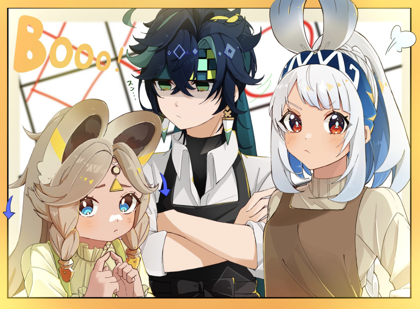 1boy, 2girls, alternate_costume, animal_ears, black_hair, black_overalls, blue_eyes, blue_hairband