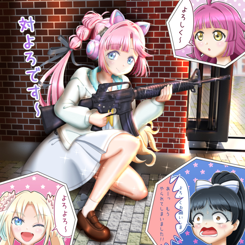 4girls, ;d, ahoge, animal_ear_headphones, animal_ears, anyoji_hime, black_bow, black_ribbon