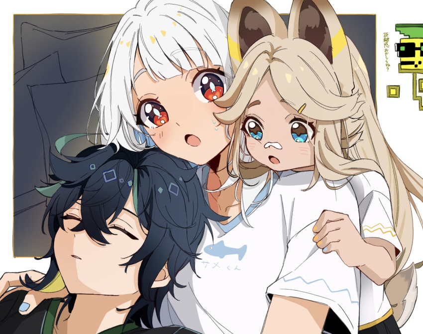 1boy, 2girls, ajaw_(genshin_impact), animal_ears, bandaid, bandaid_on_face, bandaid_on_nose, black_hair