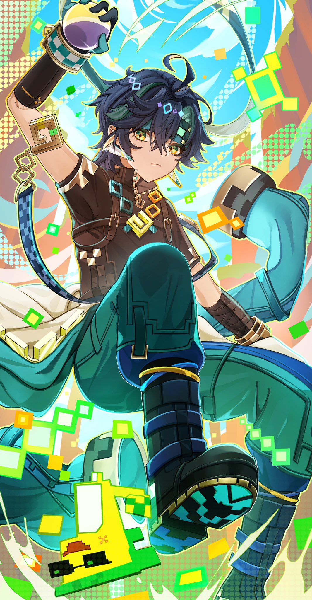 1boy, 1other, ajaw_(genshin_impact), aomiya_souju, ball, black_footwear, black_gloves, black_hair