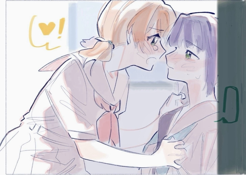 2girls, aqua_eyes, aqua_neckerchief, blurry, blurry_background, blush, clenched_teeth, closed_mouth