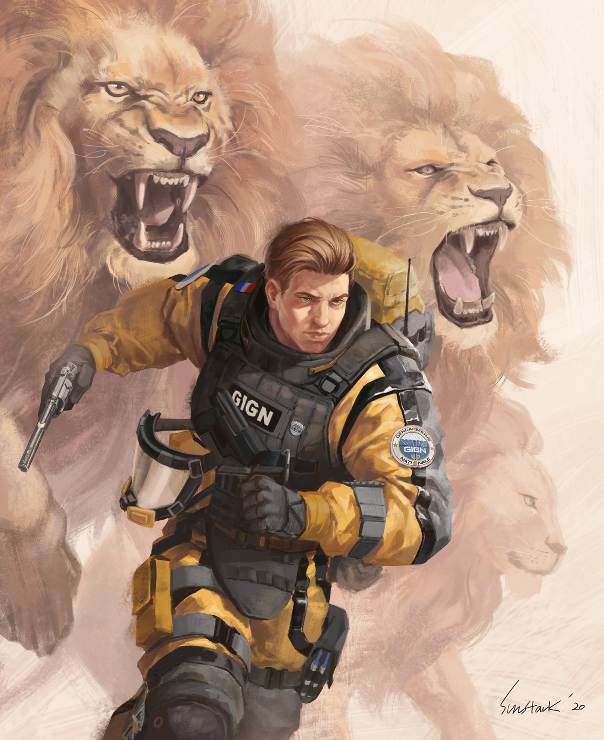 1boy, animal, arm_belt, arm_up, belt, black_belt, black_gloves, black_vest