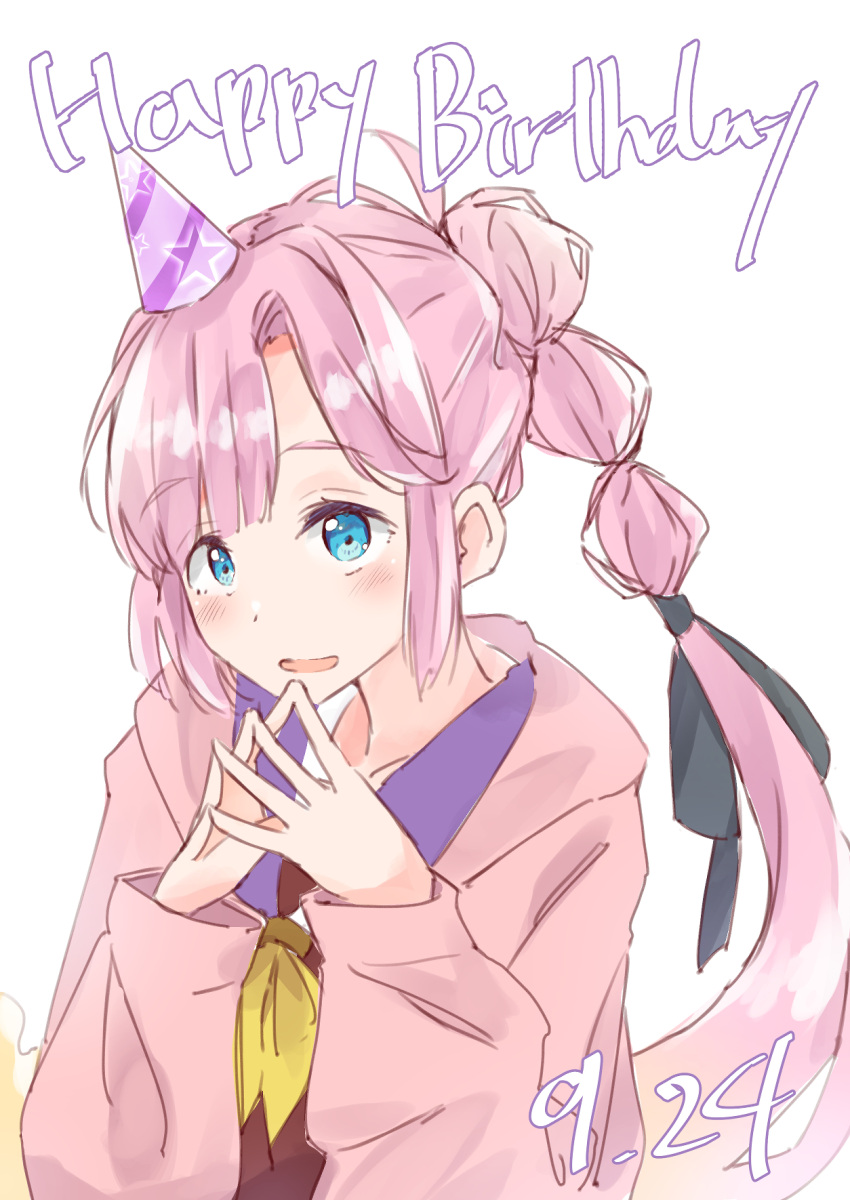 :d, ahoge, anyoji_hime, black_ribbon, blonde_hair, blue_eyes, blunt_bangs, blush