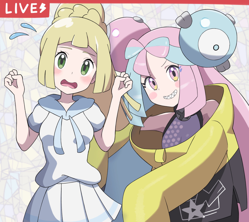 2girls, absurdres, araki_megami, blonde_hair, blue_hair, blush, bow-shaped_hair, braid