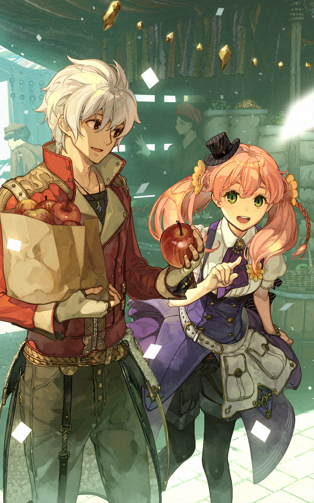 1boy, 1girl, apple, atelier_(series), atelier_escha_&amp;_logy, atelier_resleriana, bag, belt, belt_pouch, black_hat, black_pantyhose, brown_pants, collared_shirt, copyright_notice, day, dress, escha_malier, escha_malier_(challenging_worker), fingerless_gloves, food, fruit, gloves, glowing, green_eyes, hair_between_eyes, hat, hidari_(left_side), highres, holding, holding_bag, holding_food, holding_fruit, jacket, jewelry, light_particles, logix_ficsario, long_hair, looking_at_another, looking_at_viewer, market_stall, mini_hat, necklace, non-web_source, official_alternate_costume, official_art, open_mouth, outdoors, pants, pantyhose, paper_bag, people, pink_hair, pouch, purple_dress, red_jacket, road, second-party_source, shirt, short_hair, smile, standing, street, twintails, white_belt, white_hair, white_shirt