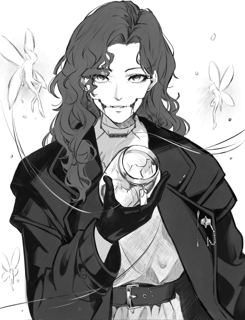 1girl, belt, braces, coat, curly_hair, dress, fairy, gloves