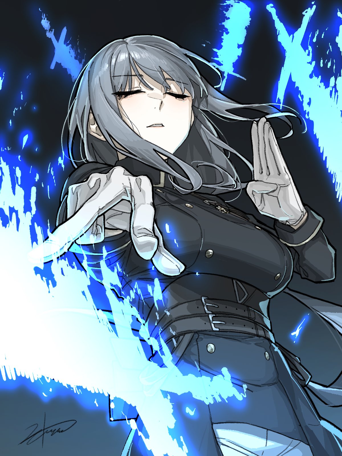 1girl, belt, black_coat, borrowed_character, breasts, closed_eyes, coat, dark_background