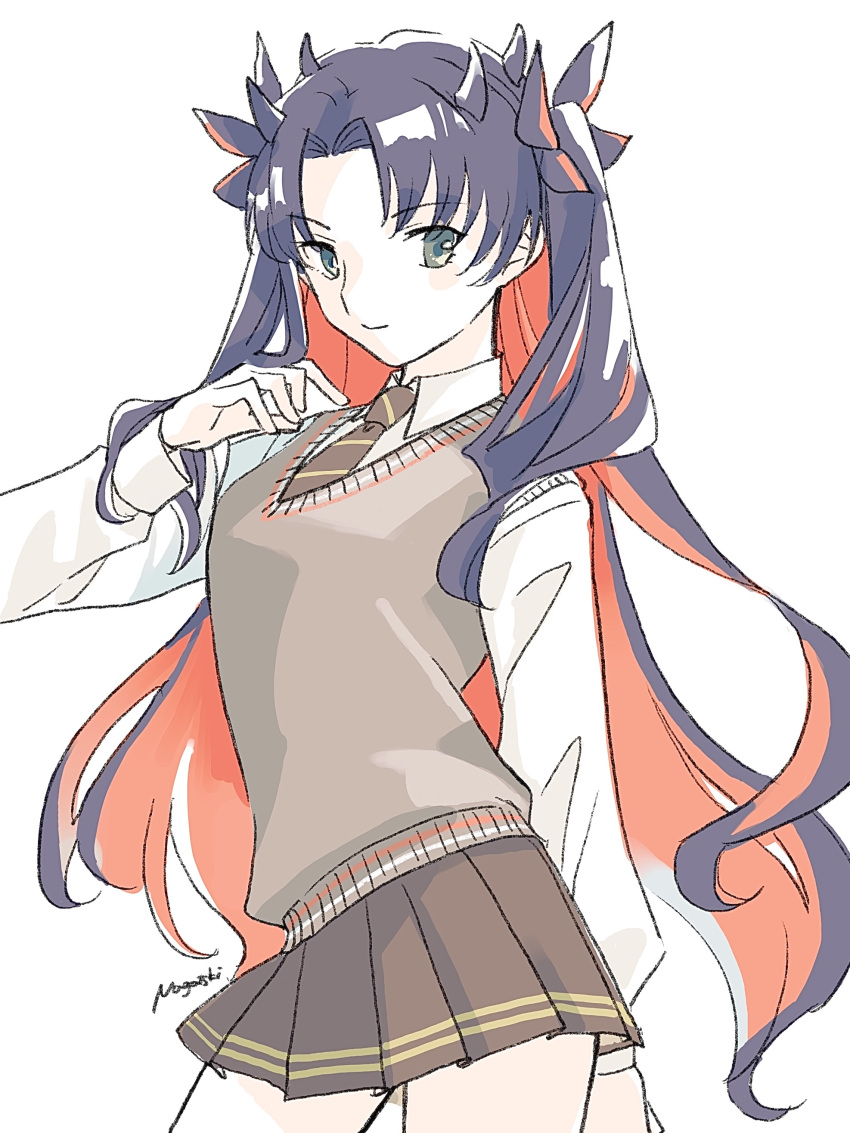 1girl, absurdres, alternate_costume, black_bow, black_hair, bow, brown_necktie, brown_skirt, closed_eyes, closed_mouth, colored_inner_hair, fate/grand_order, fate_(series), green_eyes, grey_vest, hair_bow, highres, ishtar_(fate), long_hair, long_sleeves, looking_at_viewer, multicolored_hair, nagatsuki_(huwamo9_8ku), necktie, parted_bangs, pleated_skirt, redhead, school_uniform, shirt, signature, skirt, smile, solo, space_ishtar_(fate), two-tone_hair, very_long_hair, vest, white_shirt
