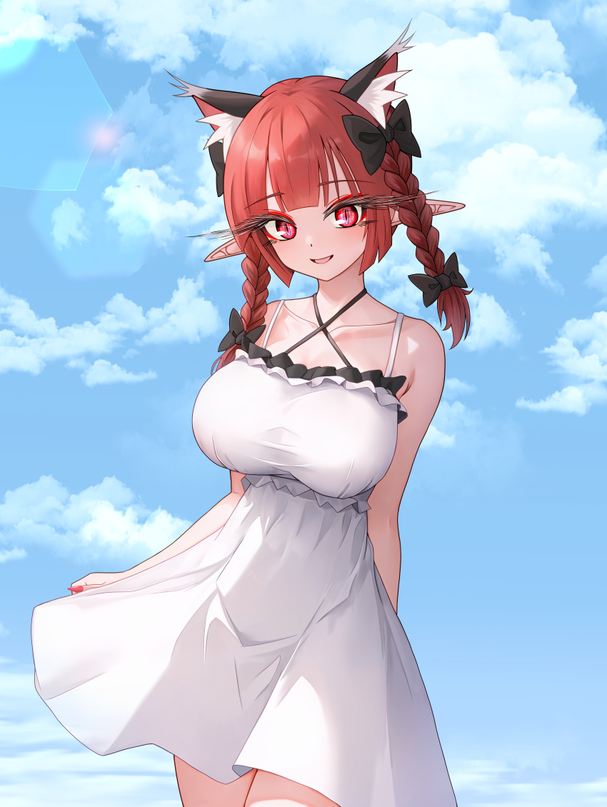 1girl, absurdres, alternate_costume, animal_ear_fluff, animal_ears, blue_sky, breasts, cat_ears