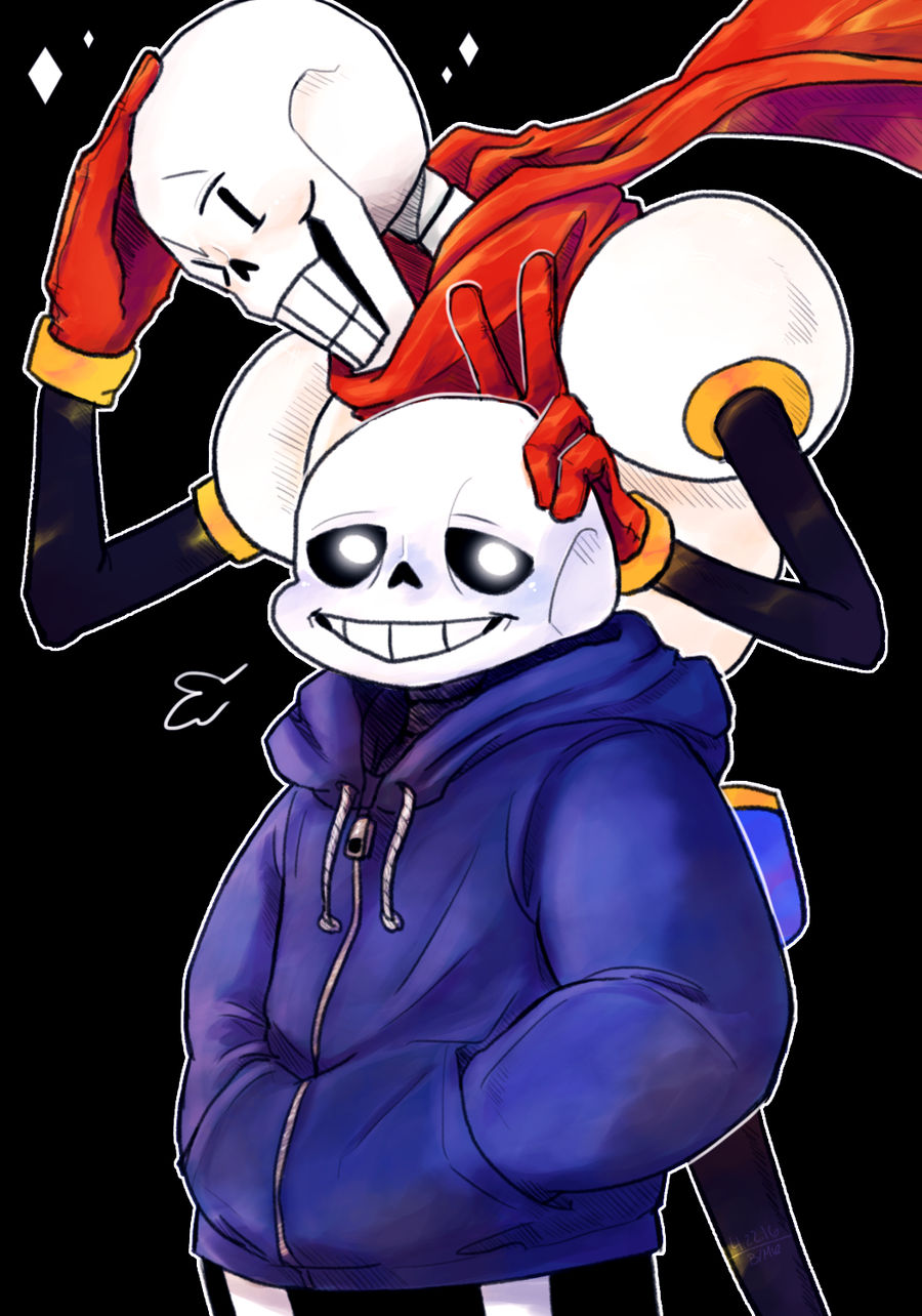 2016, 2boys, 2d, black_background, blue_jacket, bondwithme, brothers, bunny_ears_prank, commentary, dark_background, digital_media, duo, english_commentary, gloves, hand_on_another's_head, hand_on_own_head, hands_in_pockets, height_difference, hood, hood_down, hooded_jacket, humanoid, jacket, male, male_focus, male_only, monster, monster_boy, papyrus_(undertale), puff_of_air, red_gloves, sans_(undertale), siblings, simple_background, single_vertical_stripe, skeleton, sparkle, teeth, undead, undertale, upper_body, utdr_(toby_fox), v, white_outline, zipper