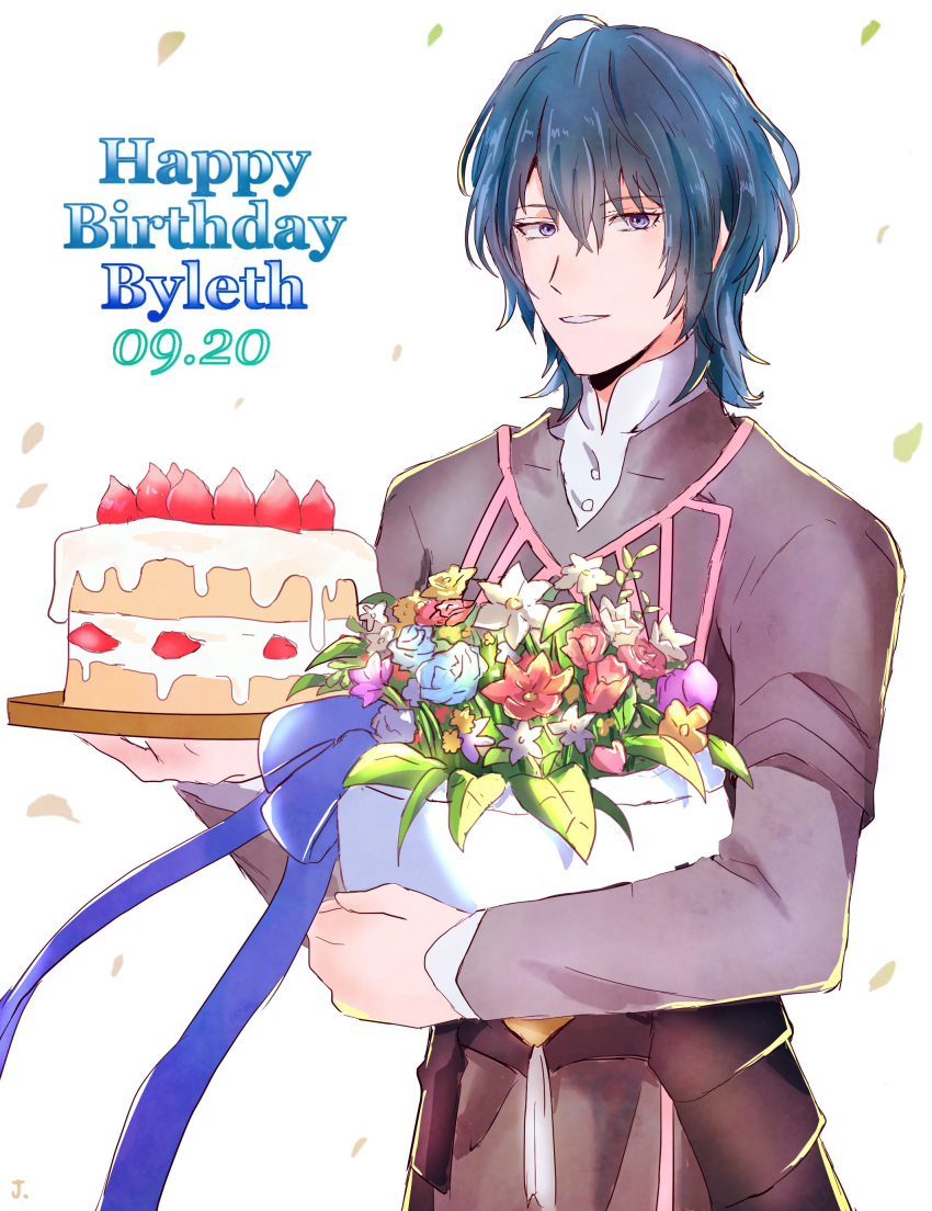 1boy, absurdres, black_shirt, blue_eyes, blue_hair, blue_ribbon, bouquet, byleth_(fire_emblem)