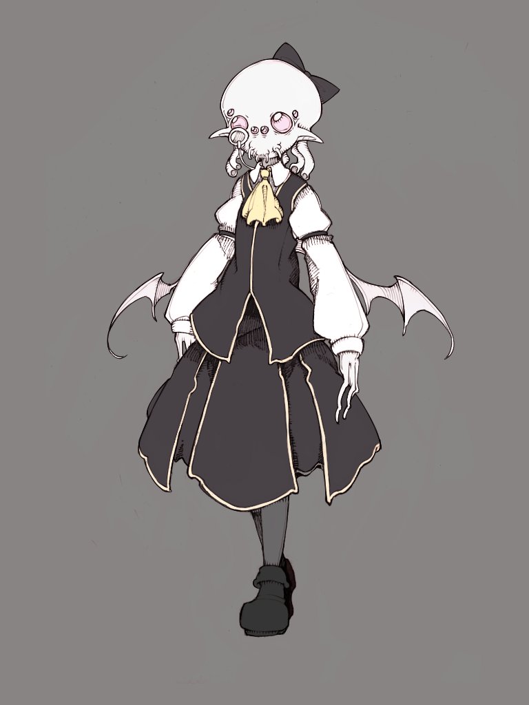 1girl, alien, ascot, bald, black_bow, black_footwear, black_garter, black_skirt, black_vest, bolos, bow, character_request, collared_shirt, commentary, crossed_ankles, demon_wings, english_commentary, extra_eyes, full_body, grey_background, grey_pantyhose, hair_bow, juliet_sleeves, long_sleeves, medium_skirt, monocle, monsterification, mystic_square, pantyhose, pink_eyes, pleated_skirt, pointy_ears, puffy_sleeves, shirt, shoes, simple_background, skirt, sleeve_garter, solo, tachi-e, touhou, touhou_(pc-98), vest, white_shirt, white_wings, wings, yellow_ascot