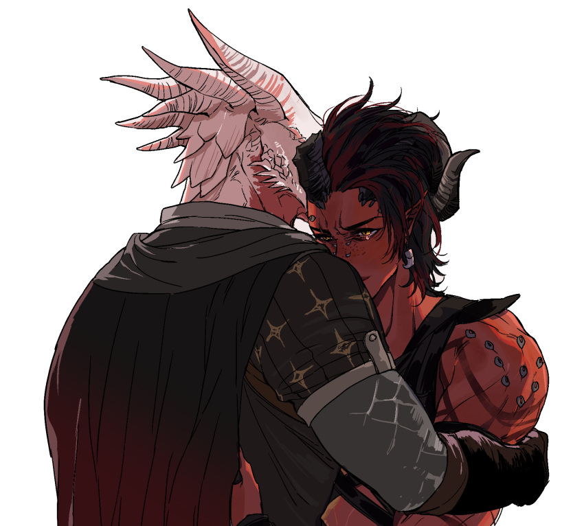 1boy, 1girl, baldur's_gate, baldur's_gate_3, black_cape, black_gloves, black_hair, broken_horn