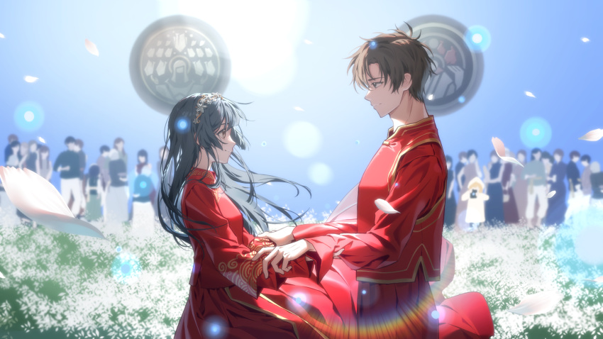 1boy, 1girl, artist_request, black_hair, blurry, brown_eyes, brown_hair, chinese_clothes, chinese_wedding, commission, crowd, depth_of_field, dress, eda_(opus), hair_ornament, hetero, highres, holding_another's_arm, jacket, jun_lee_(opus), long_hair, looking_at_another, opus:_echo_of_starsong, outdoors, red_dress, red_jacket, second-party_source, short_hair, sun, sunlight, upper_body