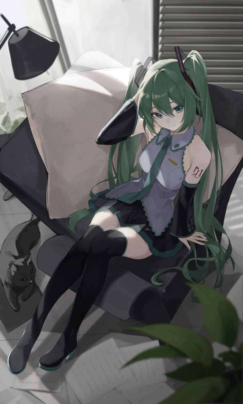 1girl, aqua_eyes, arm_support, backlighting, black_cat, black_footwear, black_skirt, black_sleeves