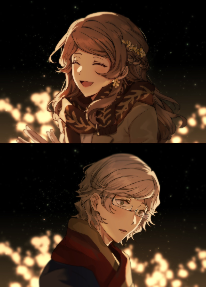 1boy, 1girl, alternate_hairstyle, blush, brown_hair, bungou_stray_dogs, closed_eyes, coat