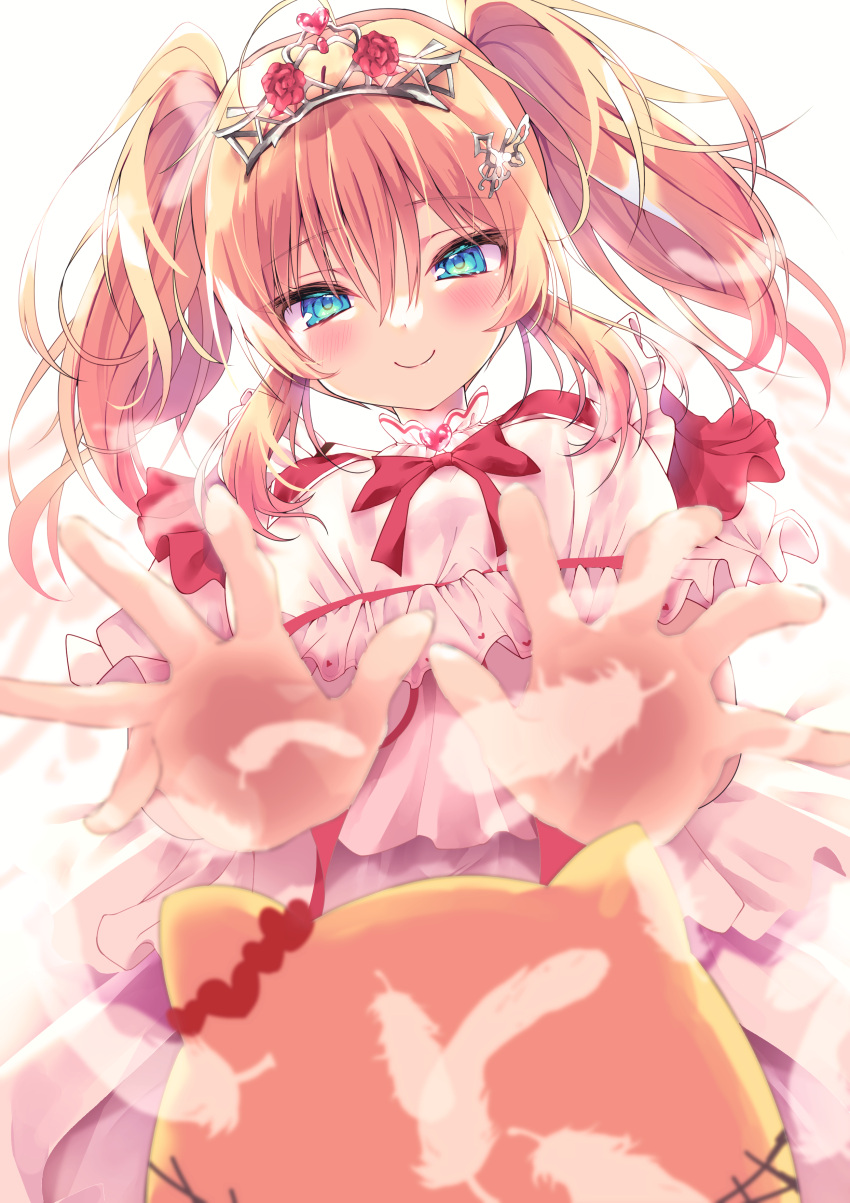 1girl, absurdres, akai_haato, blonde_hair, blue_eyes, blush, bow, closed_mouth