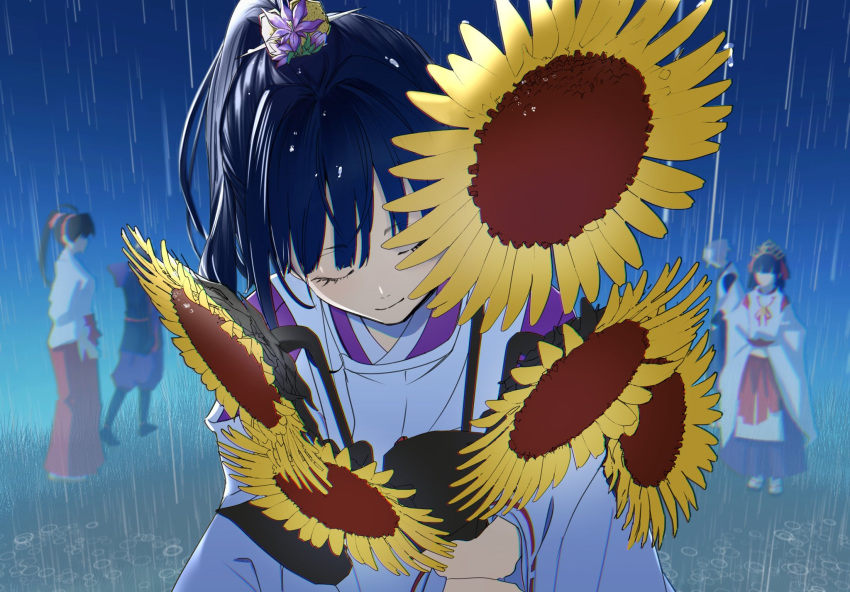 2girls, 3boys, ahoge, bellflower, black_footwear, black_hair, blunt_bangs, blurry